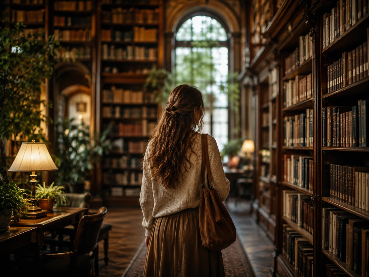 Woman seen from behind browsing tall bookshelves in a warm, wood-panelled library with an arched window