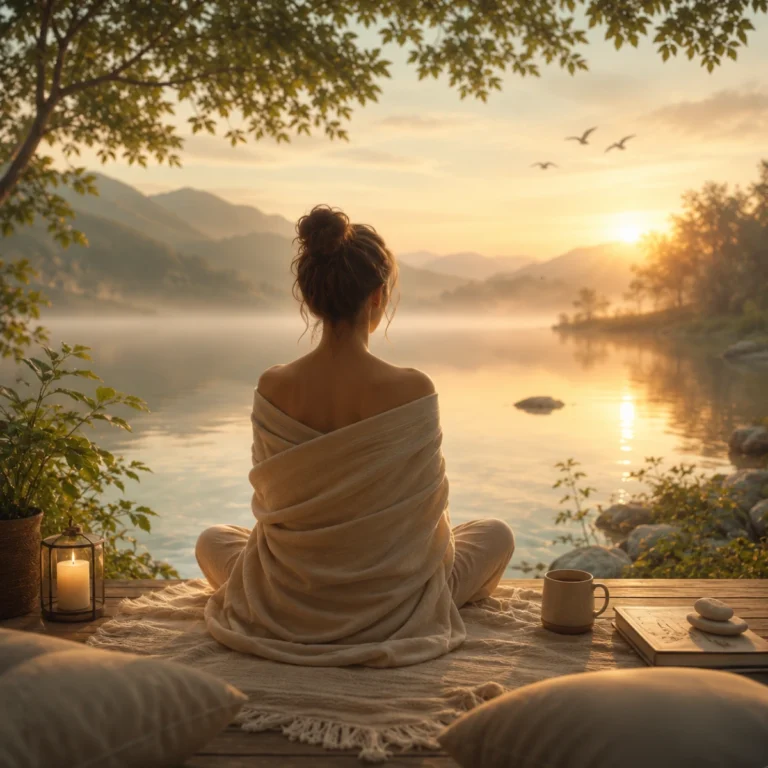 Woman sitting in meditation by a misty lake at sunrise