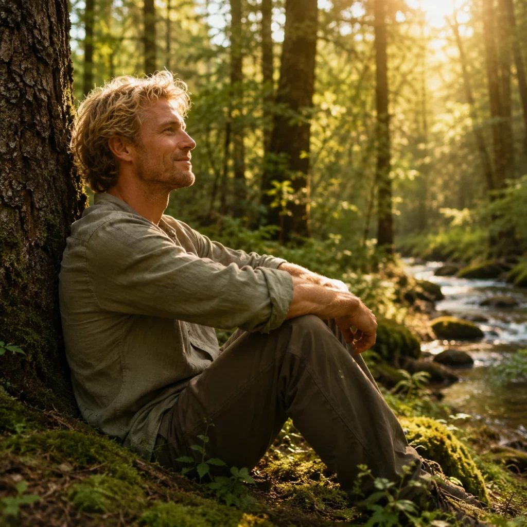 Man sitting against a tree beside a forest stream in dappled sunlight