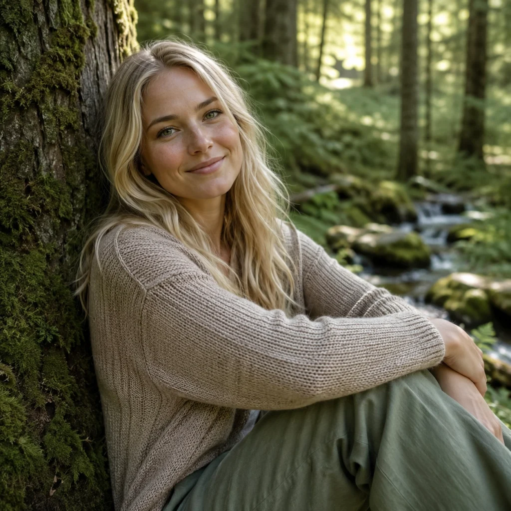 Blonde woman smiling, sitting against a tree in a green forest