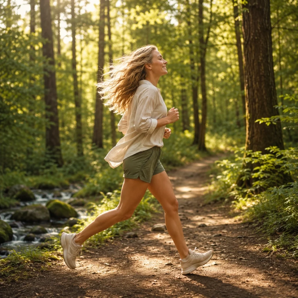 Woman running along a sunlit forest trail