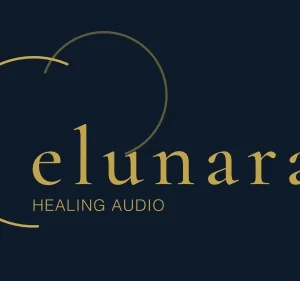 Elunara logo on navy background: gold wordmark 'elunara' in a light serif, with 'HEALING AUDIO' beneath, and an open double-arc mark forming a heart shape